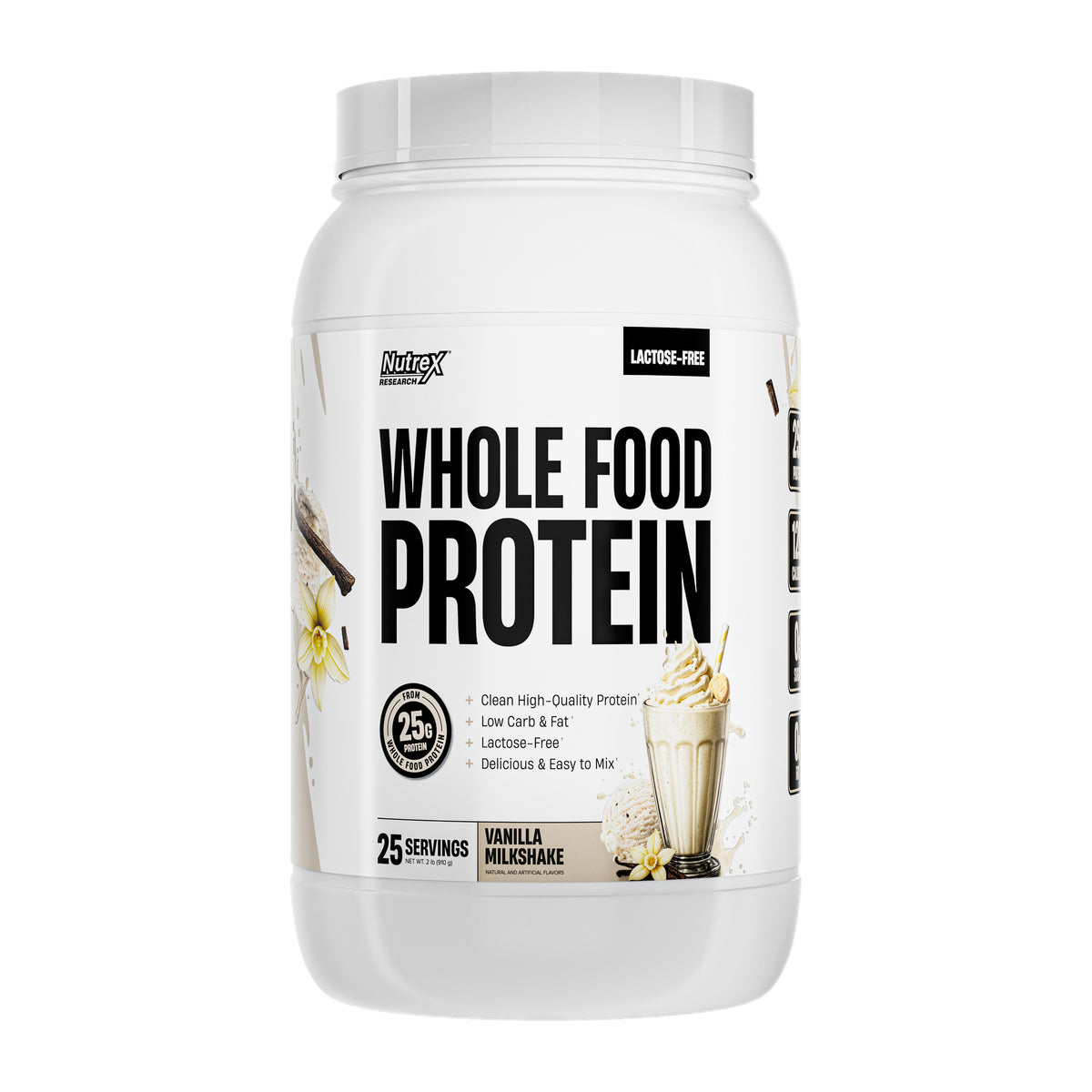 Bote de Whole Food Protein de Nutrex, proteína sabor vainilla, 2 lb (910 g), 25 porciones, vista de frente