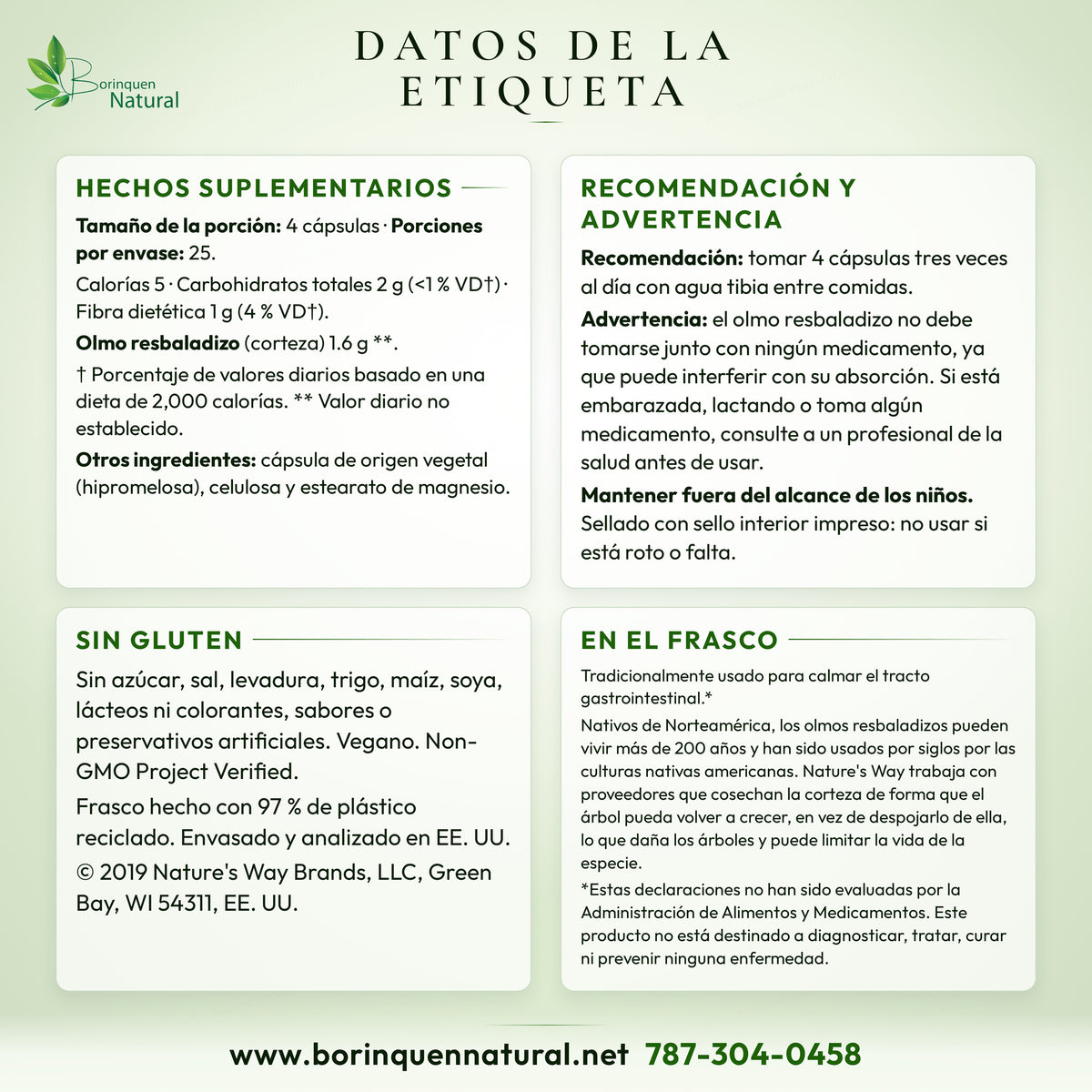 Slippery elm label facts: Supplement Facts, recommendation, warning, gluten free and FDA statement