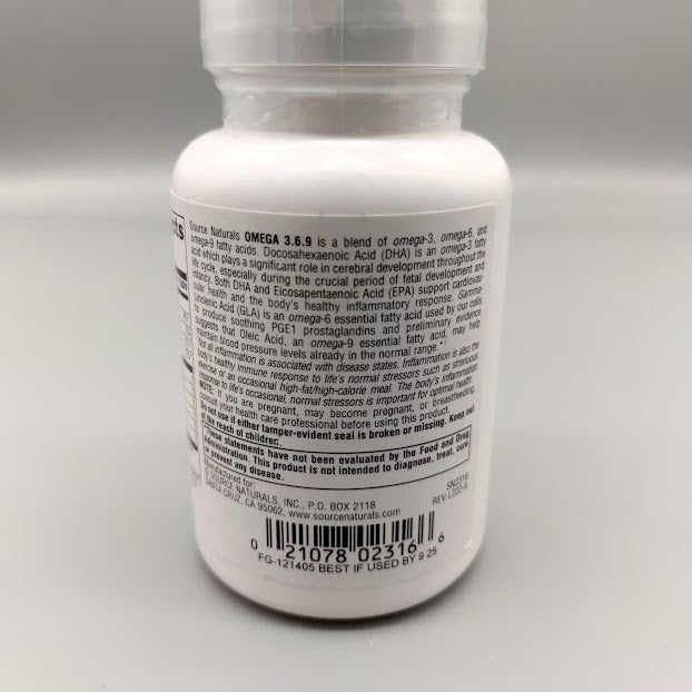 Frasco de Omega 3-6-9 de Source Naturals con 30 softgels — vista posterior del envase