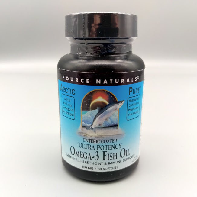 Source Naturals ArcticPure Omega-3 Fish Oil bottle, Enteric Coated Ultra Potency, 850 mg, 30 softgels