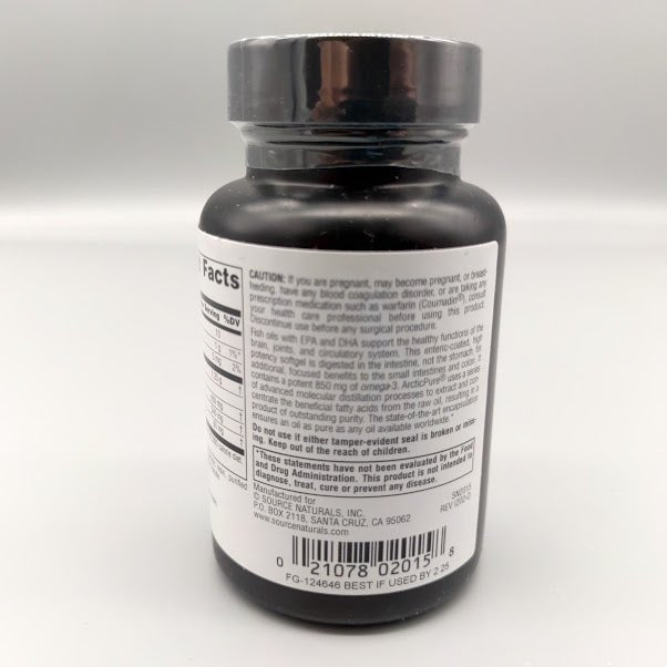 Side of the ArcticPure Omega-3 bottle: Caution, EPA and DHA text with *, seals, FDA statement and barcode