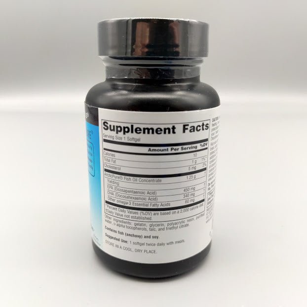 ArcticPure Omega-3 Supplement Facts: EPA 450 mg, DHA 340 mg, contains fish (anchovy) and soy, suggested use