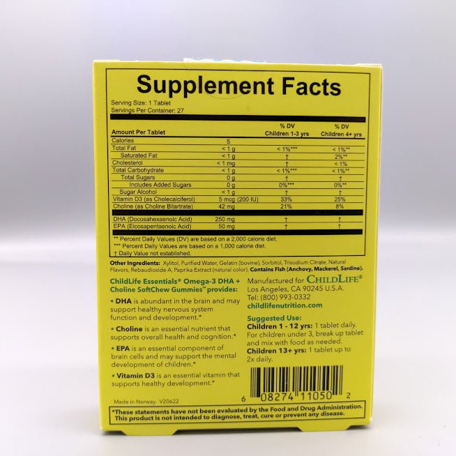 Omega-3 DHA + Colina ChildLife para Niños, 27 Masticables Sin Azúcar — envase