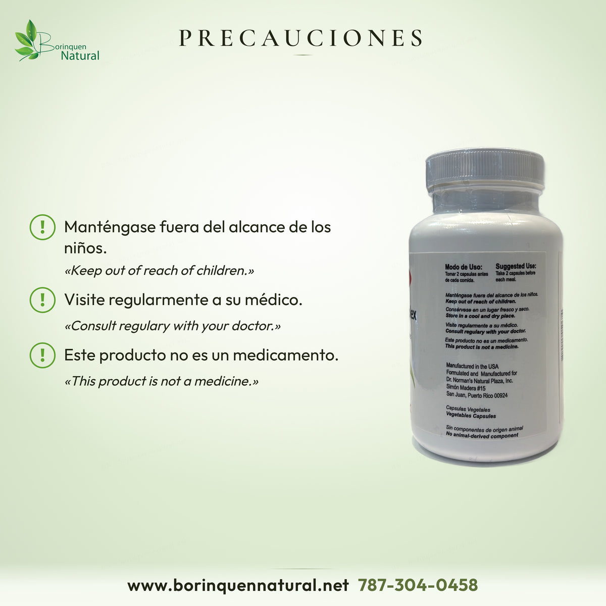 Precauciones de Omega Complex 3-6-9 de Dr. Norman's: fuera del alcance de los niños; visite a su médico; no es un medicamento