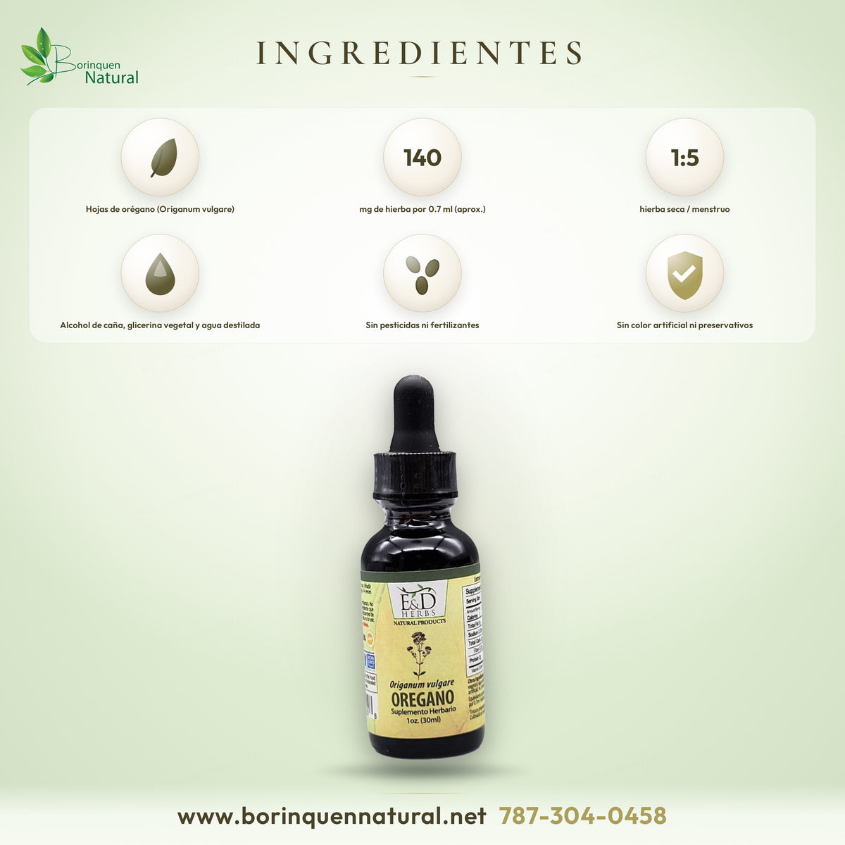 Ingredientes del extracto de orégano de E&D Herbs: hojas de orégano en alcohol de caña, glicerina vegetal y agua destilada, sin GMO, gluten, color artificial ni preservativos