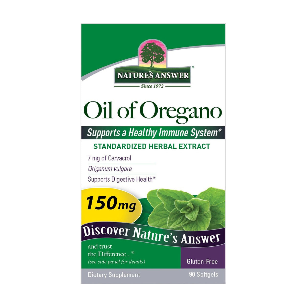 Caja de Aceite de Orégano Nature's Answer, 150 mg, 90 cápsulas blandas, suplemento dietético, vista de frente