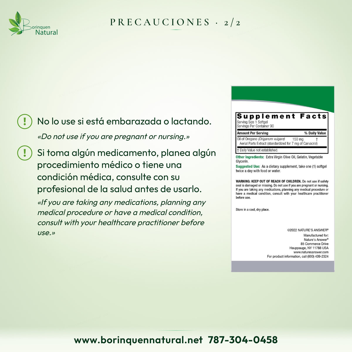 Precauciones del Aceite de Orégano Nature's Answer: no usar en embarazo o lactancia; consulte antes si toma medicamentos