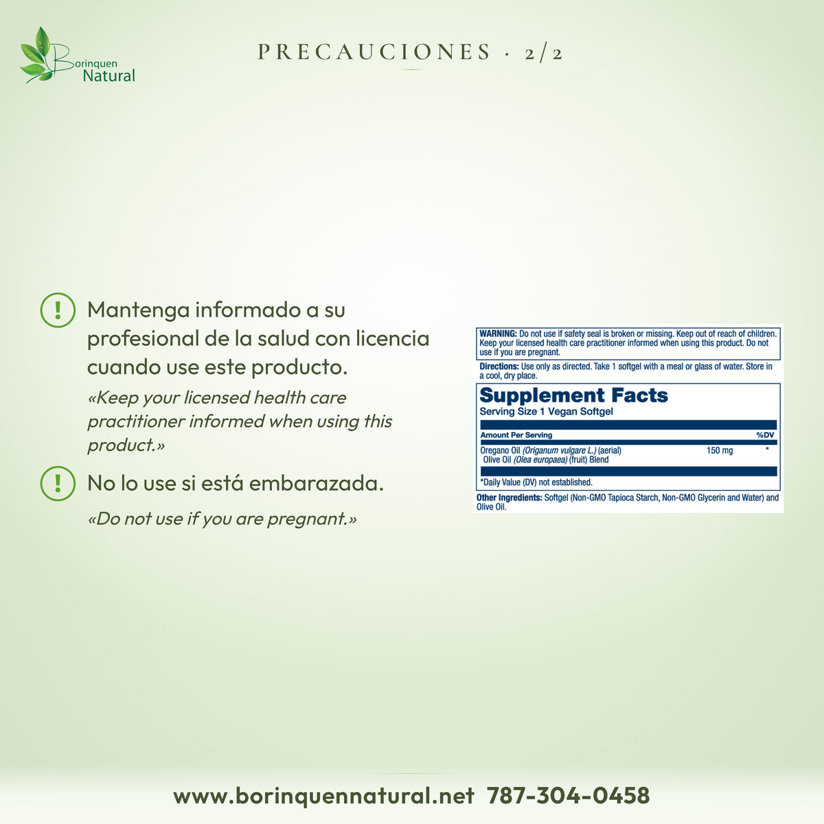 Precauciones del Aceite de Orégano Solaray: informe a su profesional de la salud; no usar si está embarazada