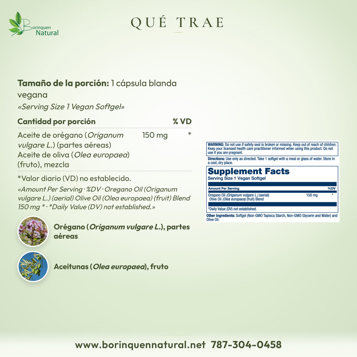 Qué trae el Aceite de Orégano Solaray: mezcla de aceite de orégano y aceite de oliva, 150 mg por cápsula blanda