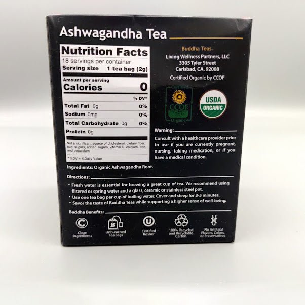 Té de Ashwagandha Orgánico Buddha Teas 18 Bolsitas, Sin Cafeína — vista posterior