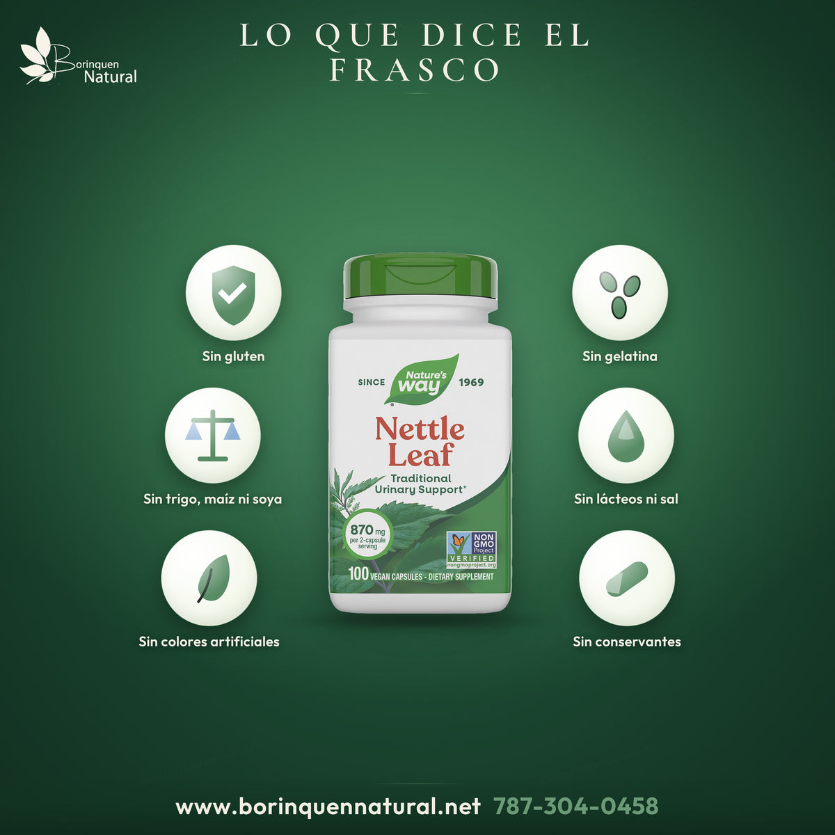 Nettle Leaf Nature's Way: sin gluten, sin gelatina, sin trigo, maíz ni soya, sin lácteos ni sal, sin conservantes