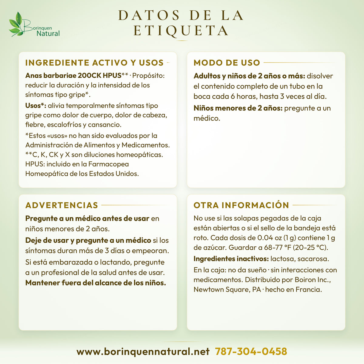 Drug Facts del Oscillococcinum de Boiron: ingrediente activo, usos, advertencias, modo de uso, otra información e ingredientes inactivos