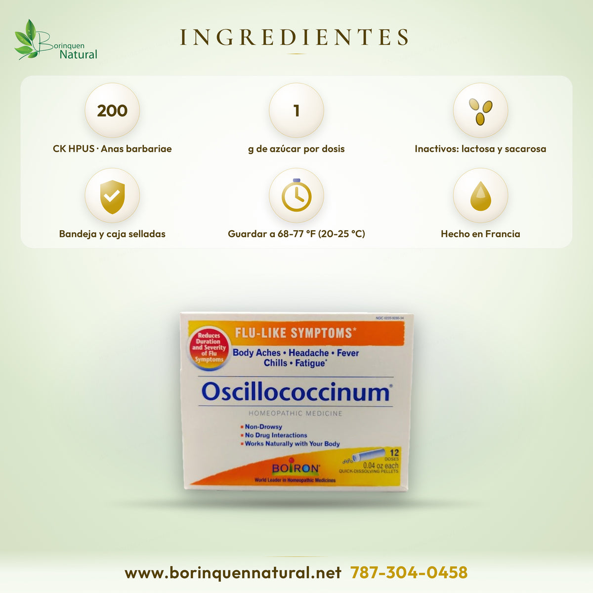 Ingredientes del Oscillococcinum: ingrediente activo Anas barbariae 200CK HPUS; ingredientes inactivos lactosa y sacarosa