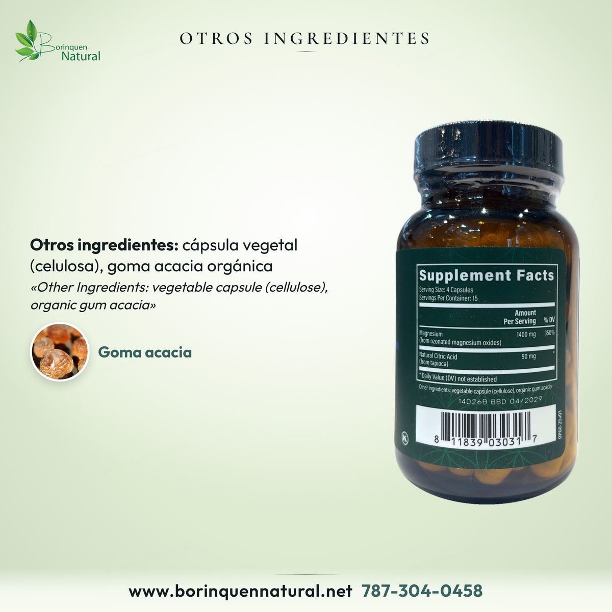 Otros ingredientes de Oxy-Powder 60 cápsulas: cápsula vegetal (celulosa) y goma acacia orgánica, con el panel del frasco