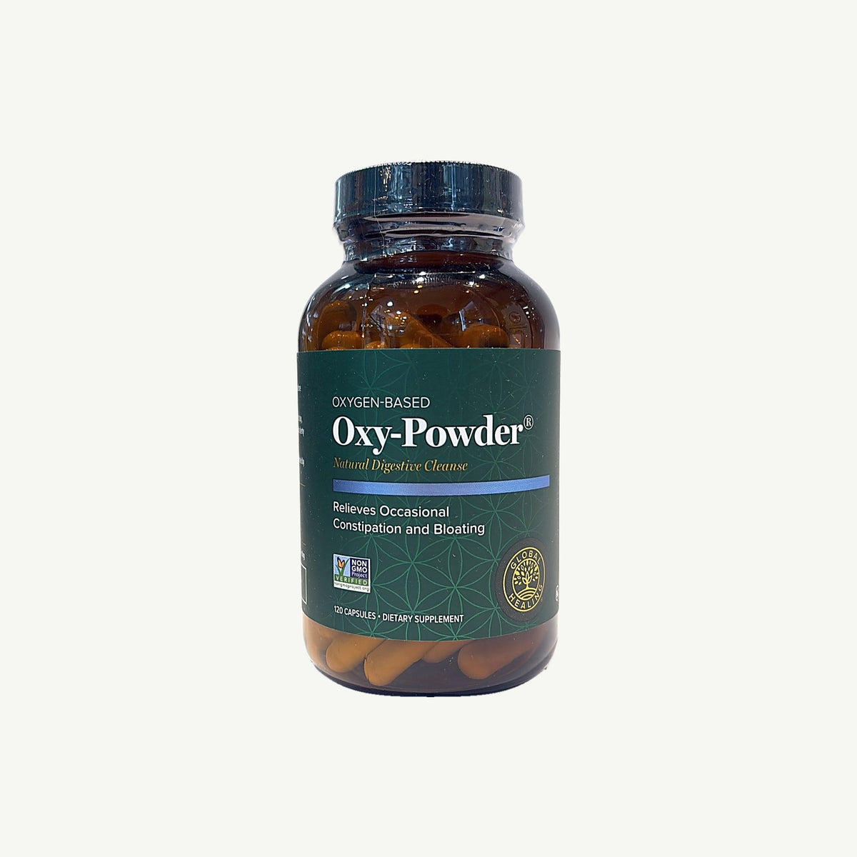 Oxy-Powder 120 de Global Healing: foto real del frente del frasco tomada en la tienda Borinquen Natural