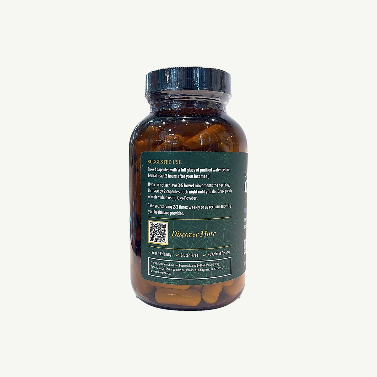 Oxy-Powder 120: foto real del costado con el modo de uso y Vegan-Friendly, Gluten-Free, No Animal Testing, en la tienda