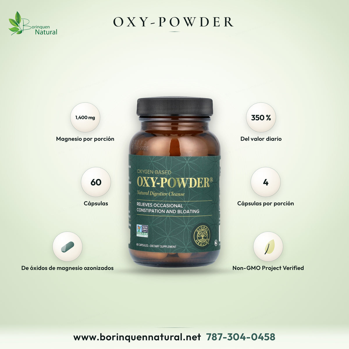 Oxy-Powder de Global Healing, magnesio de óxidos de magnesio ozonizados, frasco de 60 cápsulas (foto de archivo)