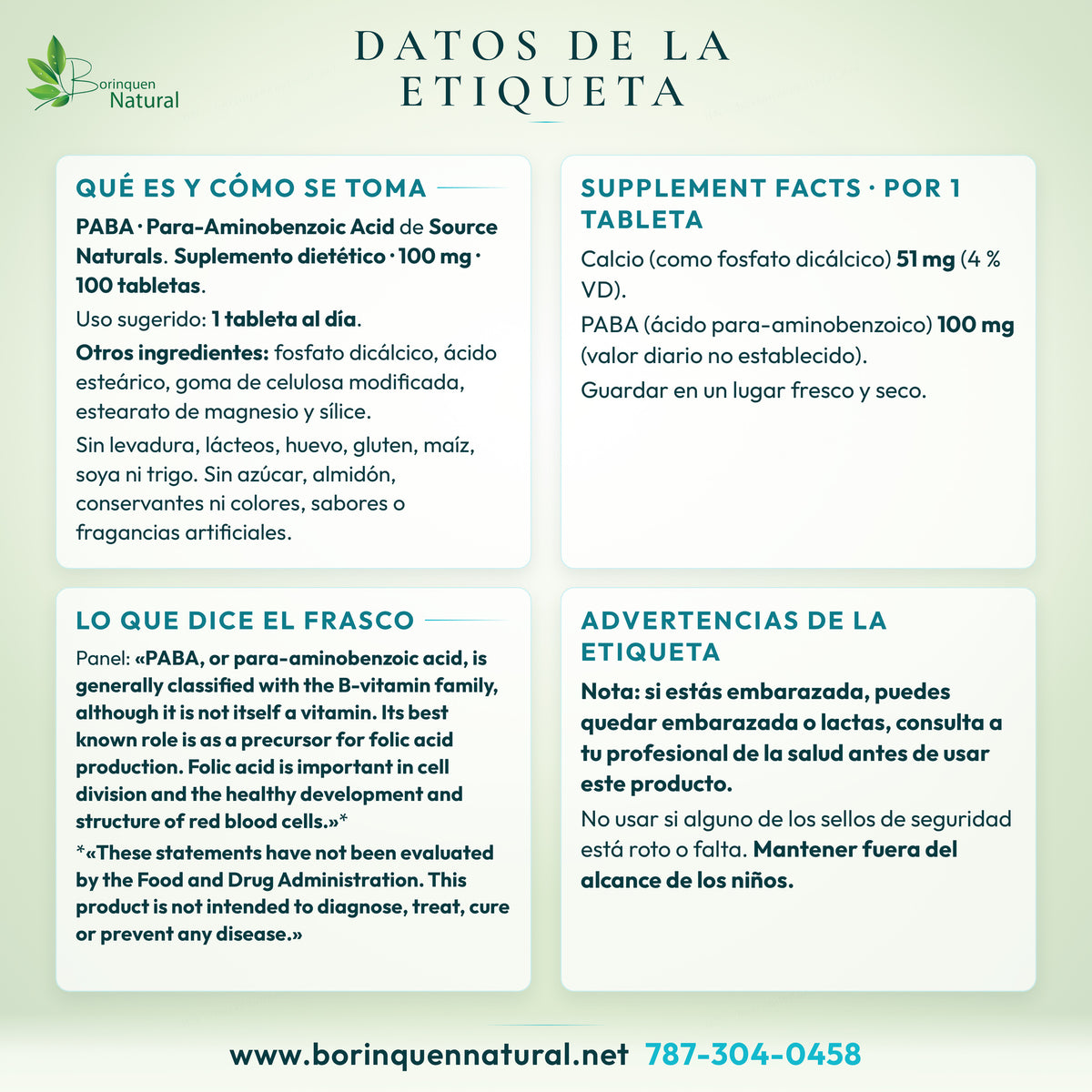 Datos de la etiqueta de PABA de Source Naturals: Supplement Facts, modo de uso, lo que dice el frasco y advertencias