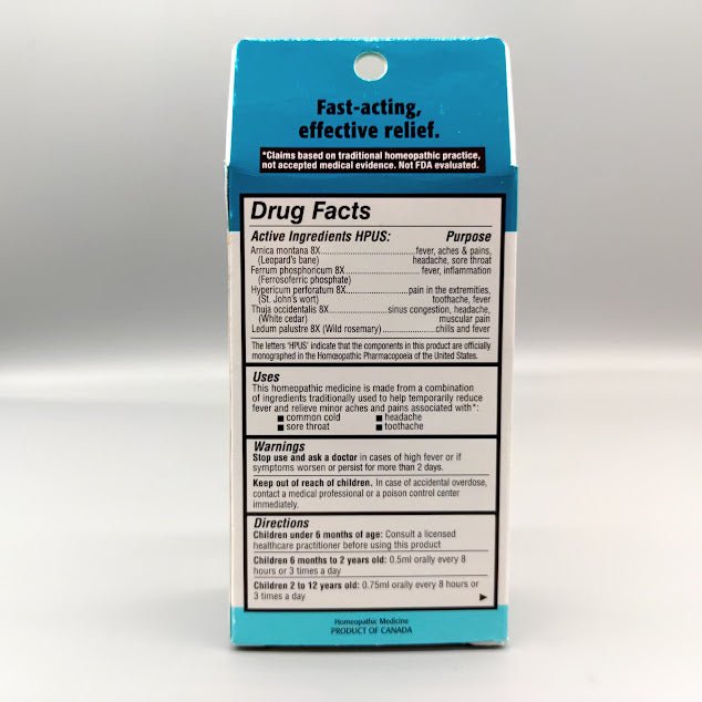 Pain & Fever Cherry .85 OZ de Kids Relief — etiqueta del producto (foto de archivo)