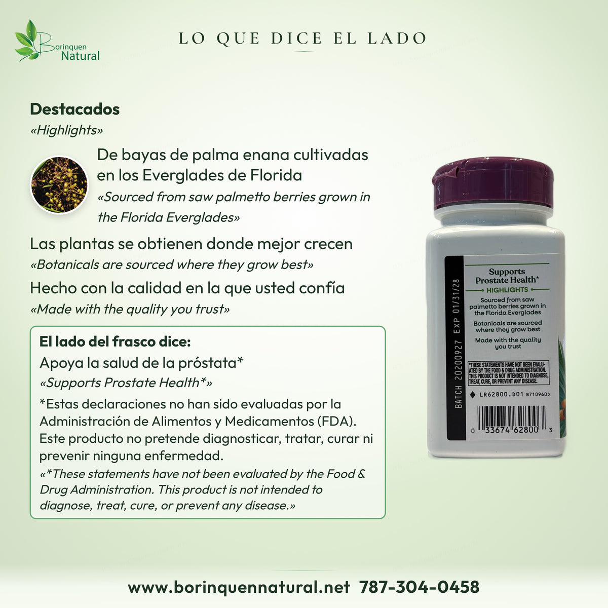 Lo que dice el lado del frasco de Saw Palmetto: bayas de palma enana cultivadas en los Everglades de Florida
