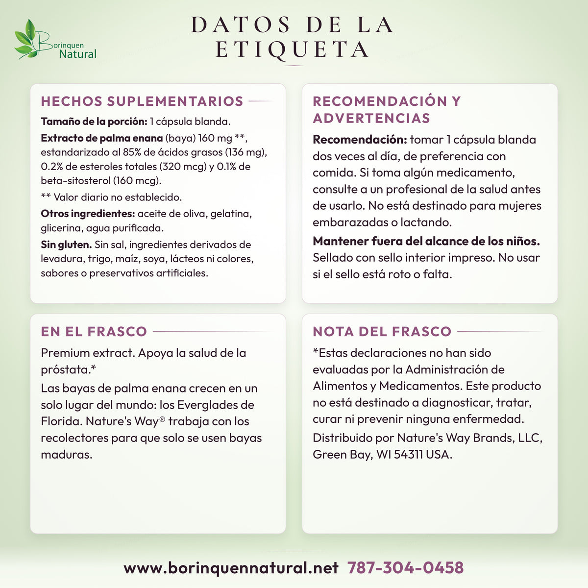Datos de la etiqueta del Saw Palmetto de Nature's Way: hechos suplementarios, otros ingredientes, recomendación, advertencias y lo que dice el frasco