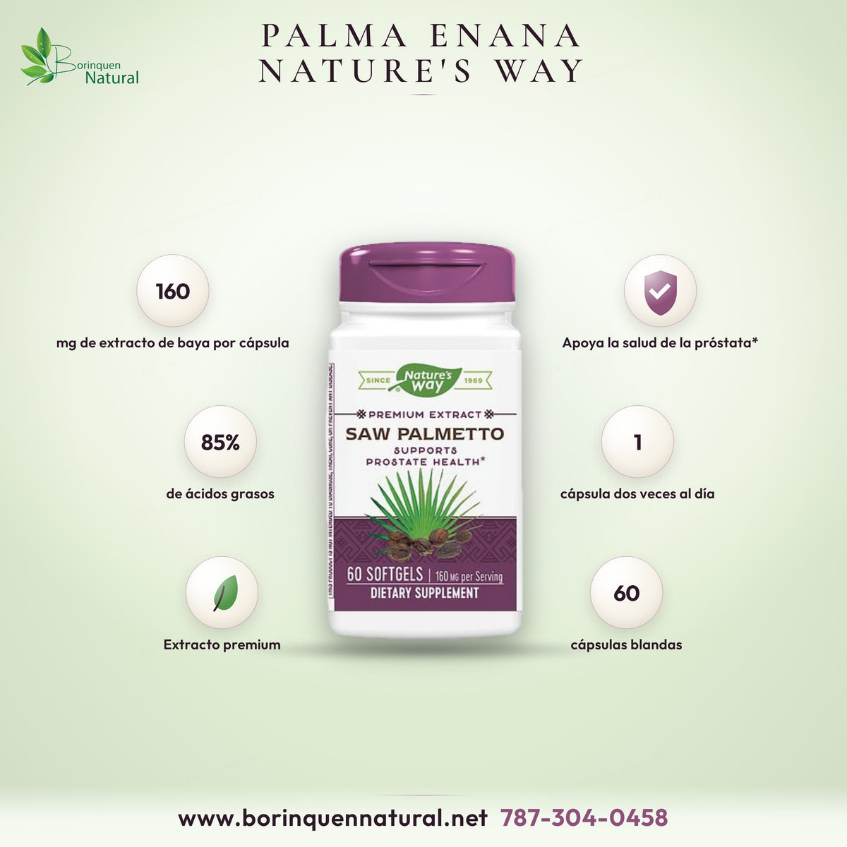 Saw Palmetto de Nature's Way, extracto premium de palma enana de 160 mg en frasco de 60 cápsulas blandas
