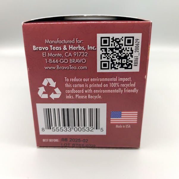 Base de la caja de Panax Ginseng Bravo Tea: fabricado para Bravo Teas & Herbs, hecho en EE. UU., cartón reciclado
