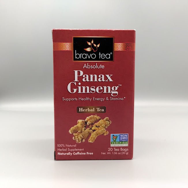 Frente de la caja Absolute Panax Ginseng de Bravo Tea: Supports Healthy Energy & Stamina*, sin cafeína, 20 bolsitas