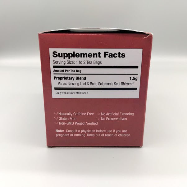 Supplement Facts del té Panax Ginseng Bravo: mezcla de 1.5 g de hoja y raíz de Panax ginseng y rizoma de sello de Salomón