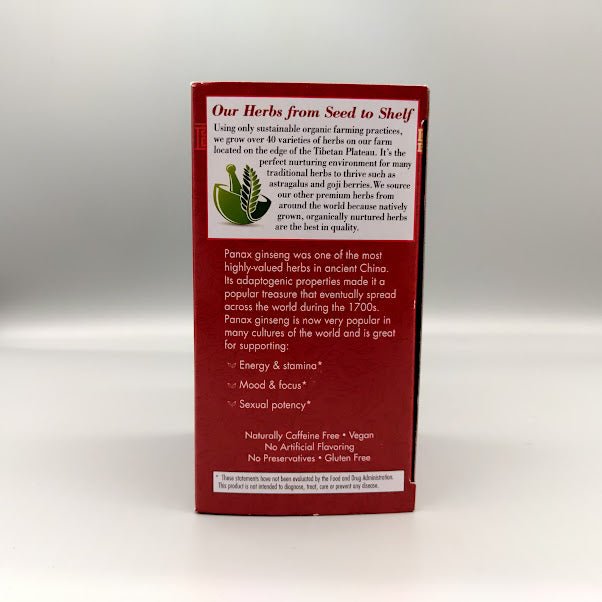 Costado de la caja de Panax Ginseng Bravo Tea: Energy & stamina*, Mood & focus*, Sexual potency*