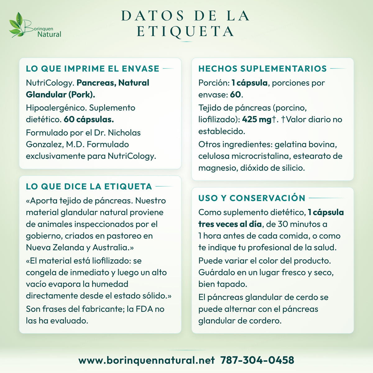 Datos de la etiqueta del páncreas glandular NutriCology: hechos suplementarios, origen, uso y conservación