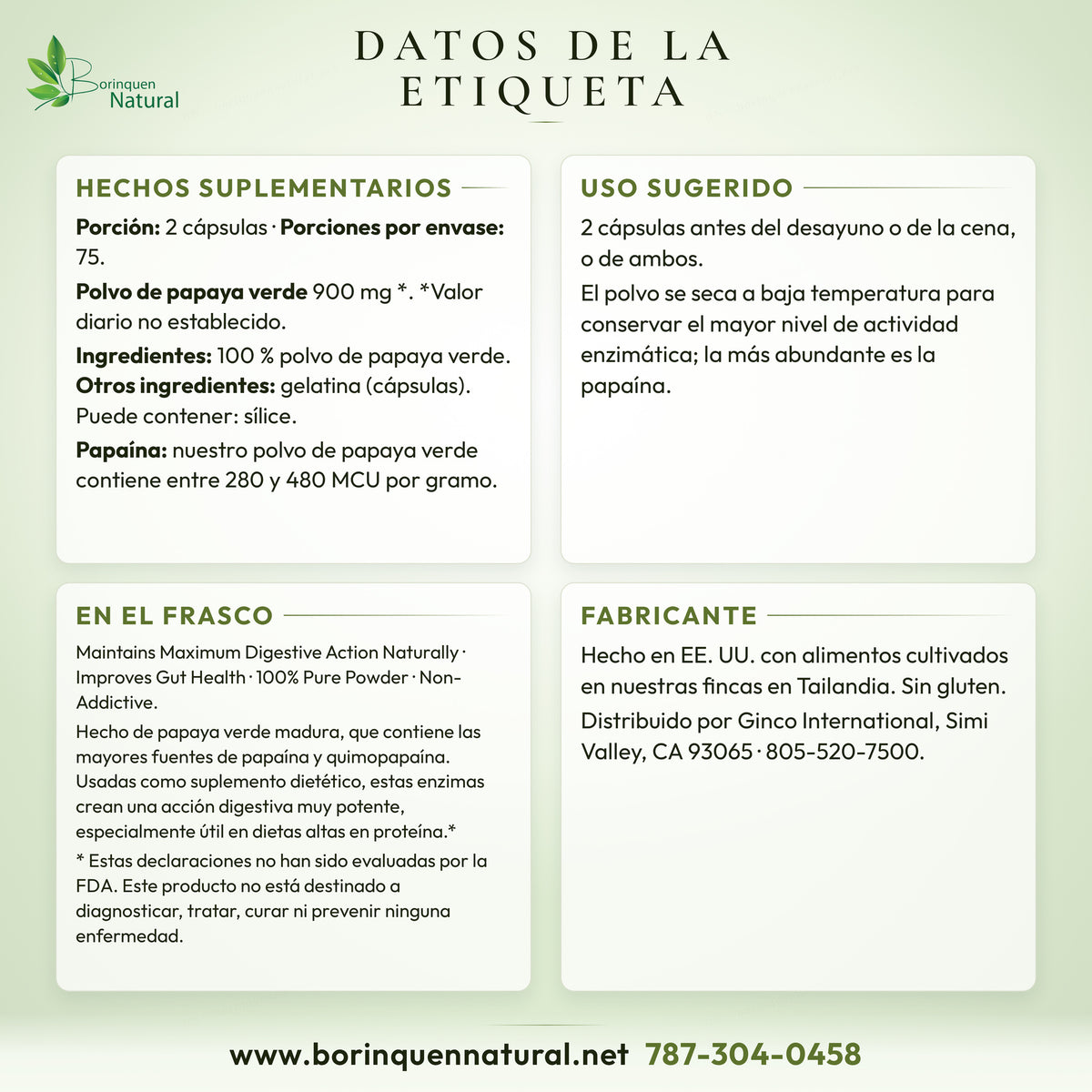 Datos de la etiqueta del Green Papaya de Royal Tropics: hechos suplementarios, uso y lo que dice el frasco