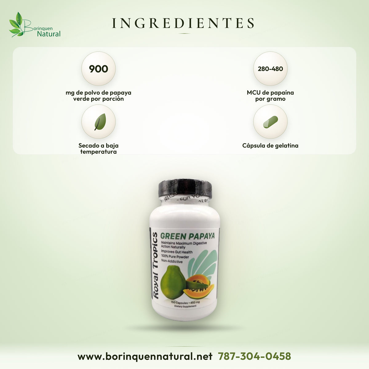 Ingredientes del Green Papaya de Royal Tropics: 900 mg de polvo de papaya verde por porción de 2 cápsulas
