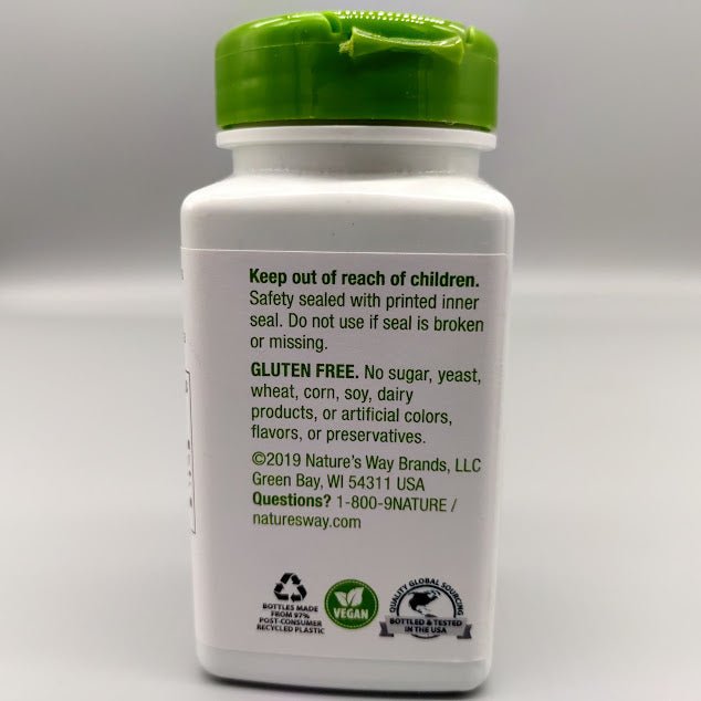 Side of Nature's Way Parsley Leaf: Keep out of reach of children, Gluten Free and vegan seal