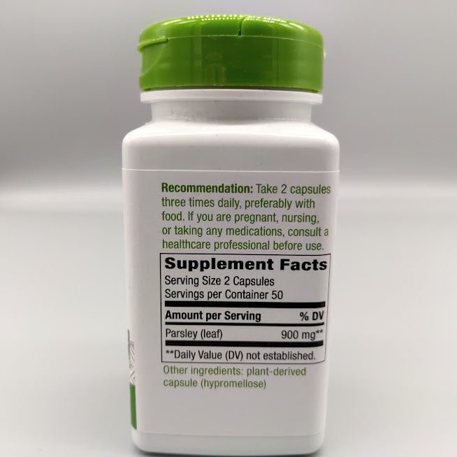 Back of Nature's Way Parsley Leaf: Recommendation and Supplement Facts, 2 capsules, Parsley (leaf) 900 mg