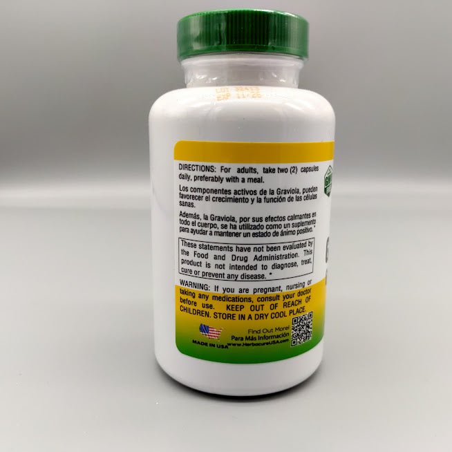 Guanábana Graviola-Anamú Herbacure 500 mg 100 cápsulas — vista posterior del envase (foto de archivo)