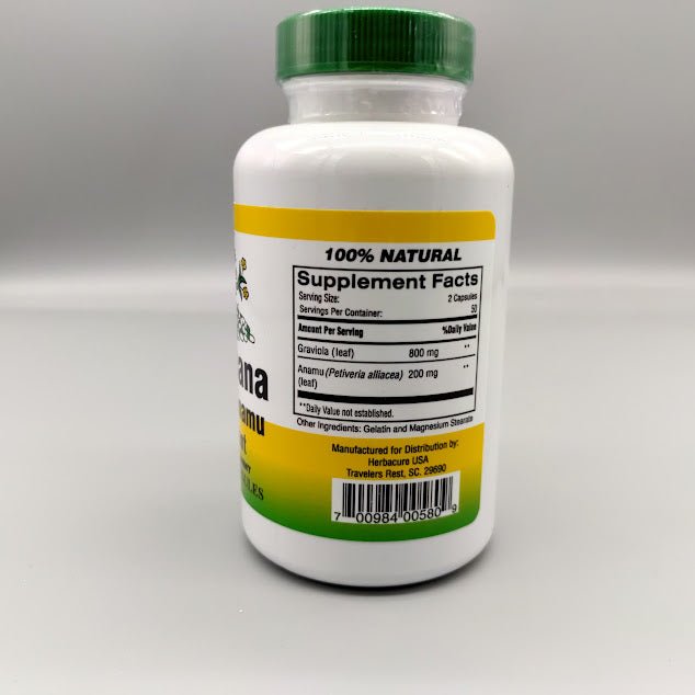 Guanábana Graviola-Anamú Herbacure 500 mg 100 cápsulas — etiqueta con los ingredientes (foto de archivo)