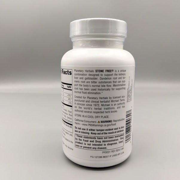 Pastillas Stone Free 820mg - 90 Tablets - Planetary Herbals. — vista posterior (foto de archivo)