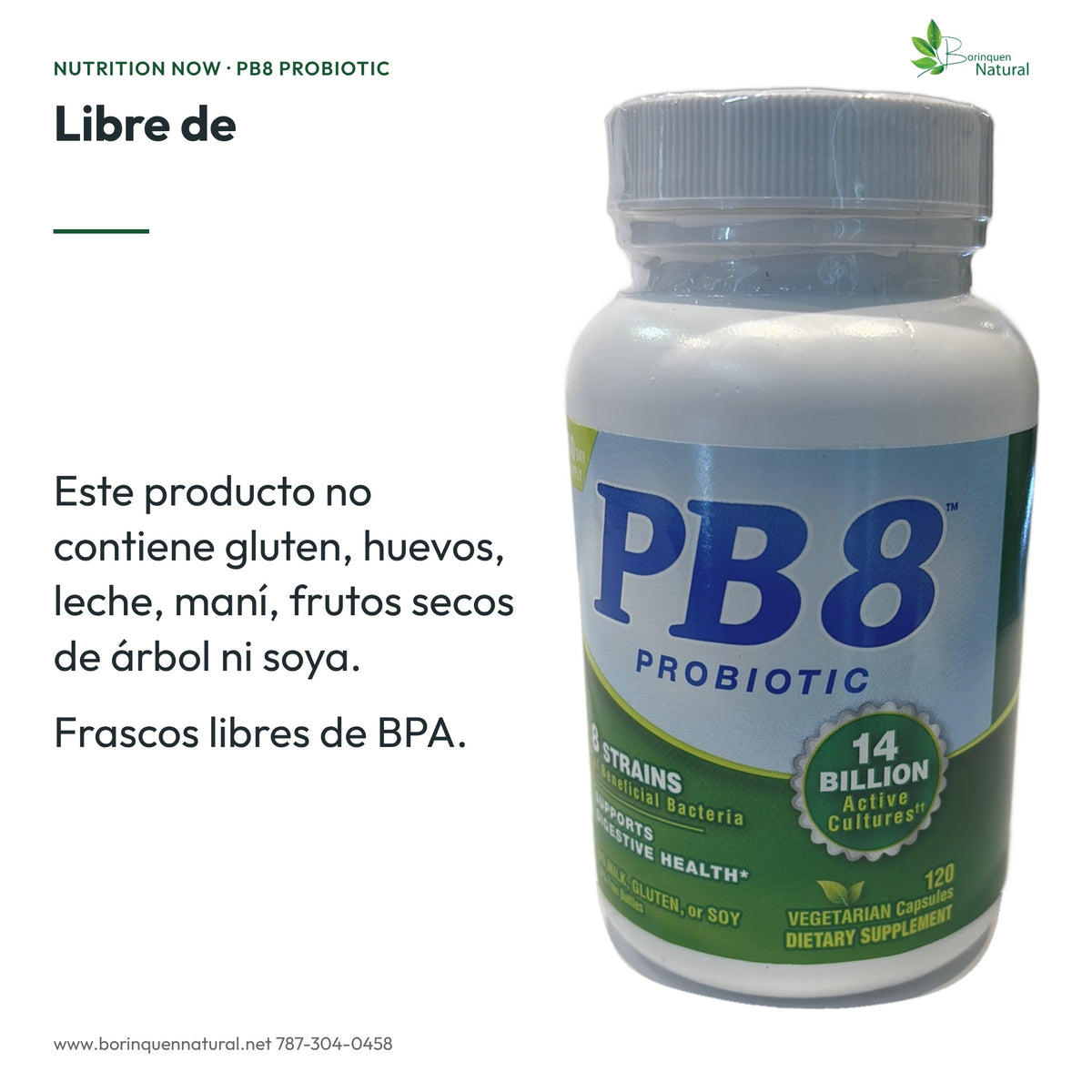 PB8: ingredientes excluidos según la etiqueta y frasco libre de BPA