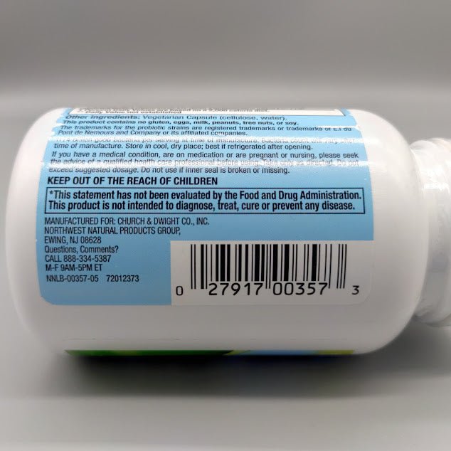 Base del frasco PB8 Probiotic: advertencias, aviso de la FDA, fabricante Church & Dwight y código de barras