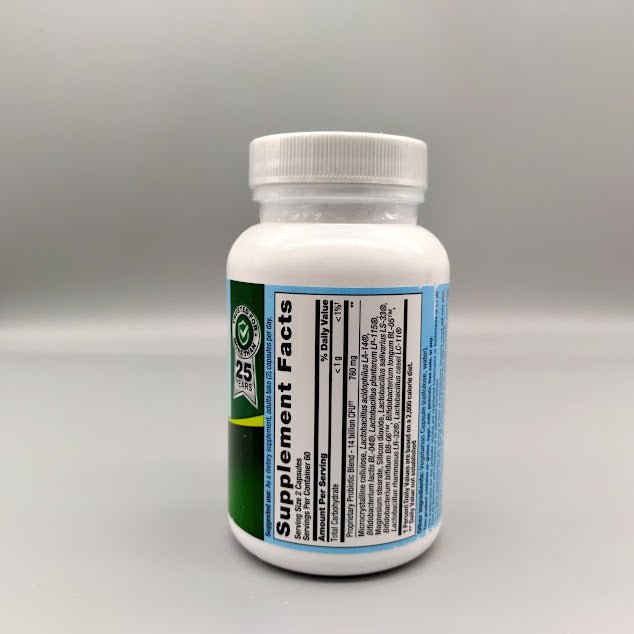Lado del frasco PB8 Probiotic con el panel Supplement Facts