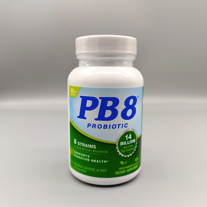 Frente del frasco PB8 Probiotic de Nutrition Now: 8 Strains, 14 Billion, 120 cápsulas vegetarianas