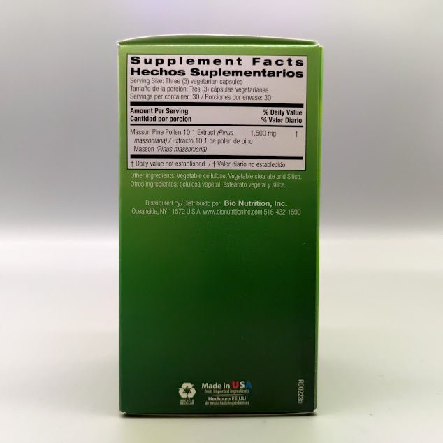 Pine Pollen 1,500mg 90 Vegetarian Capsules de Bio Nutrition — vista posterior