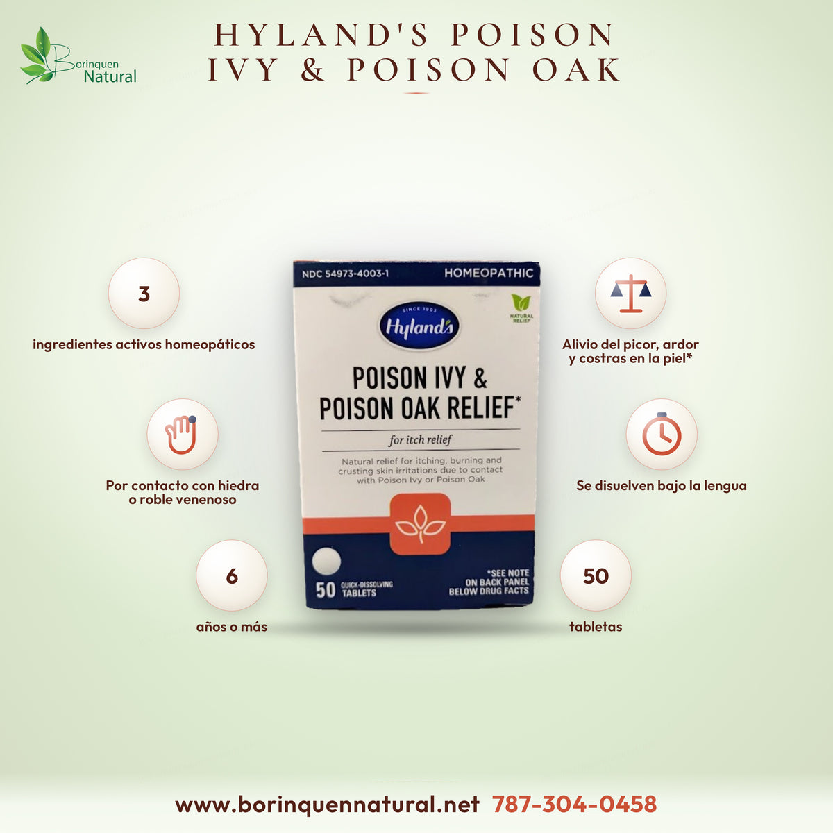 Poison Ivy & Poison Oak Relief de Hyland's, tabletas homeopáticas para el alivio del picor por contacto con hiedra o roble venenoso, caja de 50 tabletas
