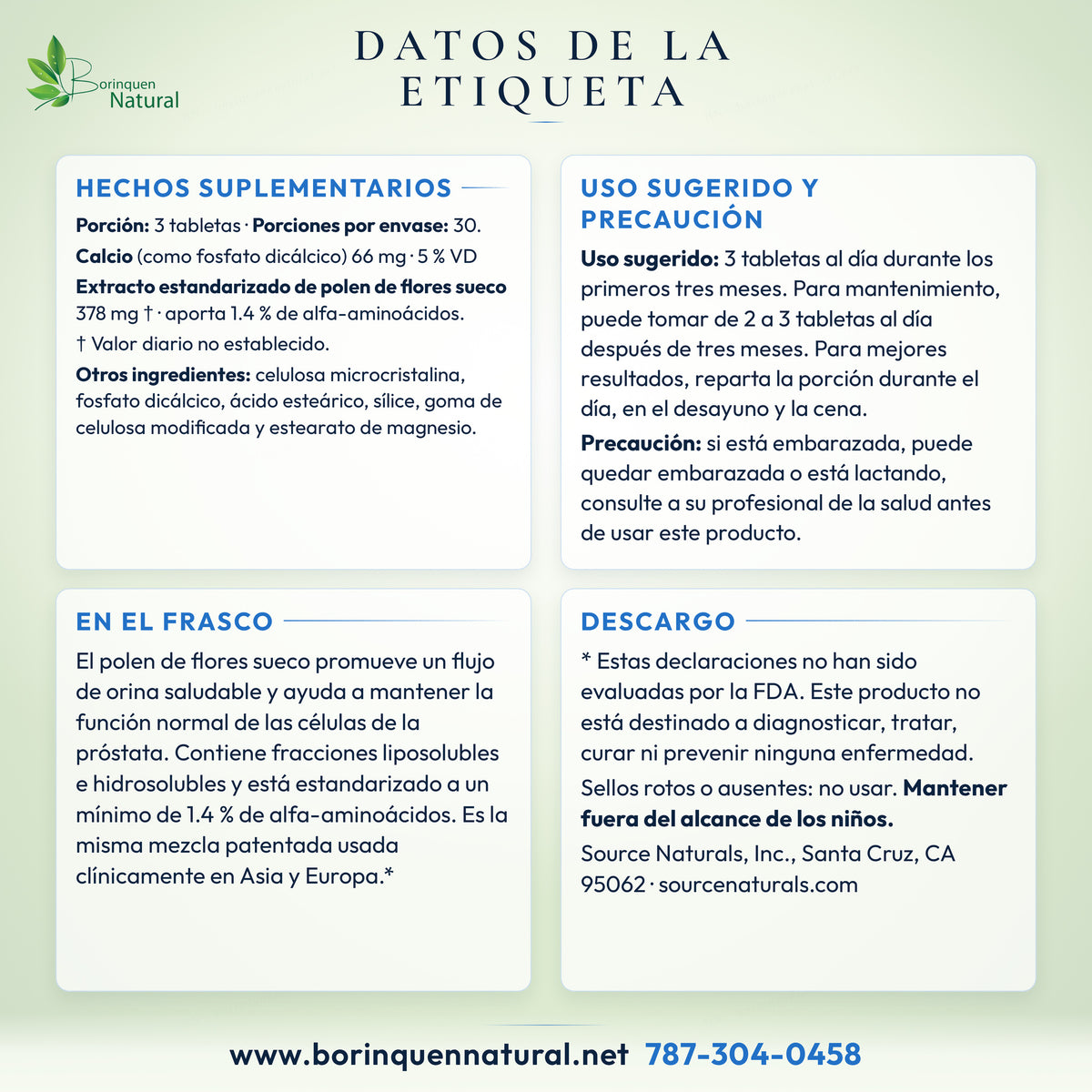 Datos de la etiqueta del polen de flores sueco de Source Naturals: hechos suplementarios, uso y lo que dice el frasco