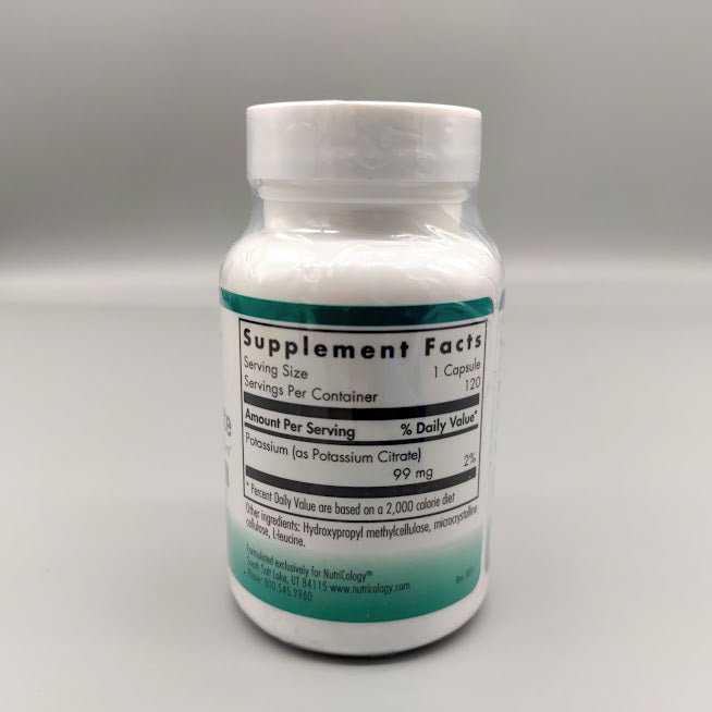 Potassium Citrate 120 Vegetarian Capsules en Puerto Rico de NutriCology — etiqueta con los ingredientes (foto de archivo)