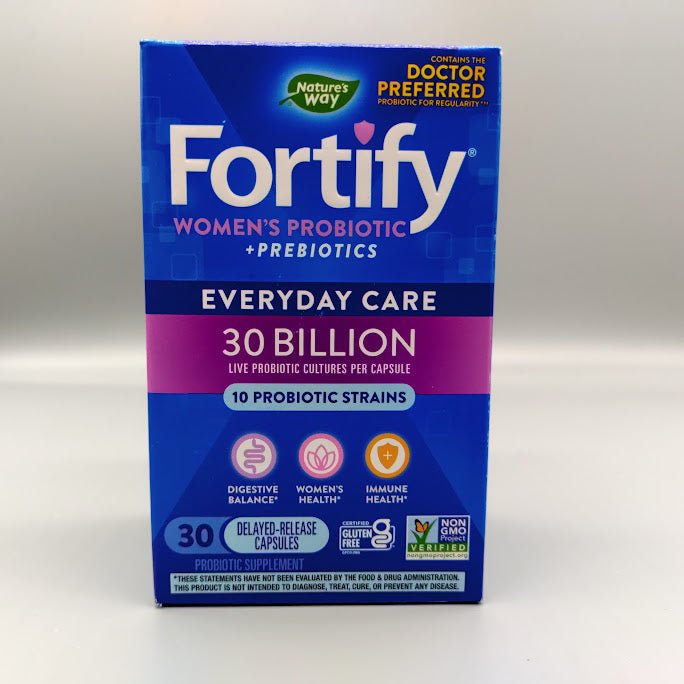 Probiótico Fortify para Mujer Nature's Way 30 mil millones UFC, 30 cápsulas — frente de la caja (foto de archivo)