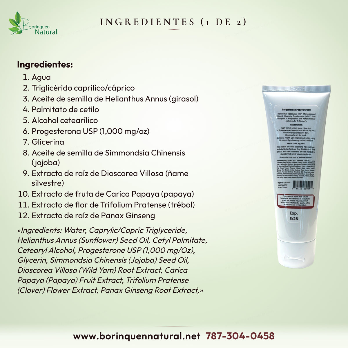 Ingredientes 1 a 12 de la crema de progesterona Papaya: agua, girasol, progesterona USP (1,000 mg/oz), jojoba y otros