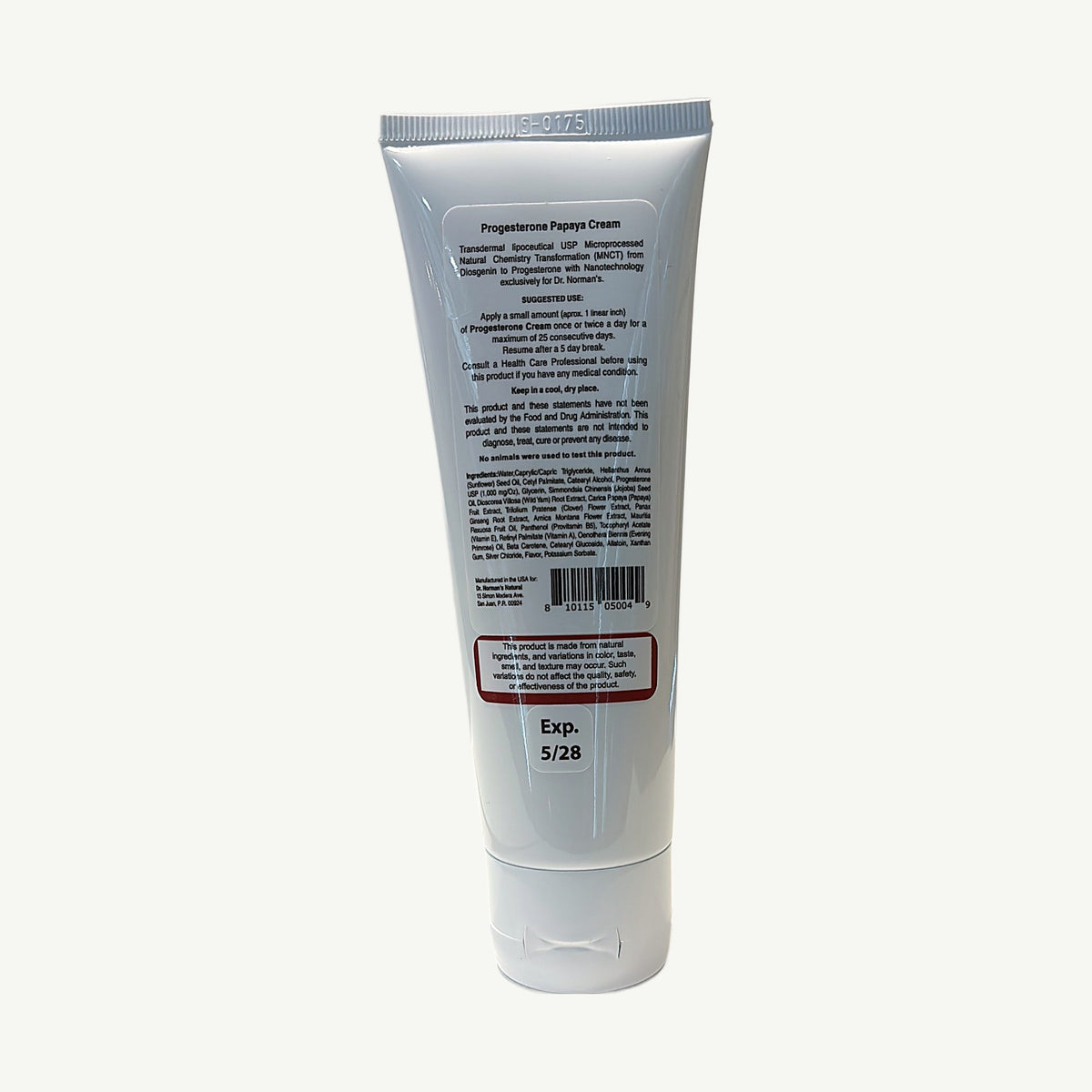 Parte de atrás del tubo de crema de progesterona Papaya de Dr. Norman's: modo de uso, ingredientes, código y Exp. 5/28