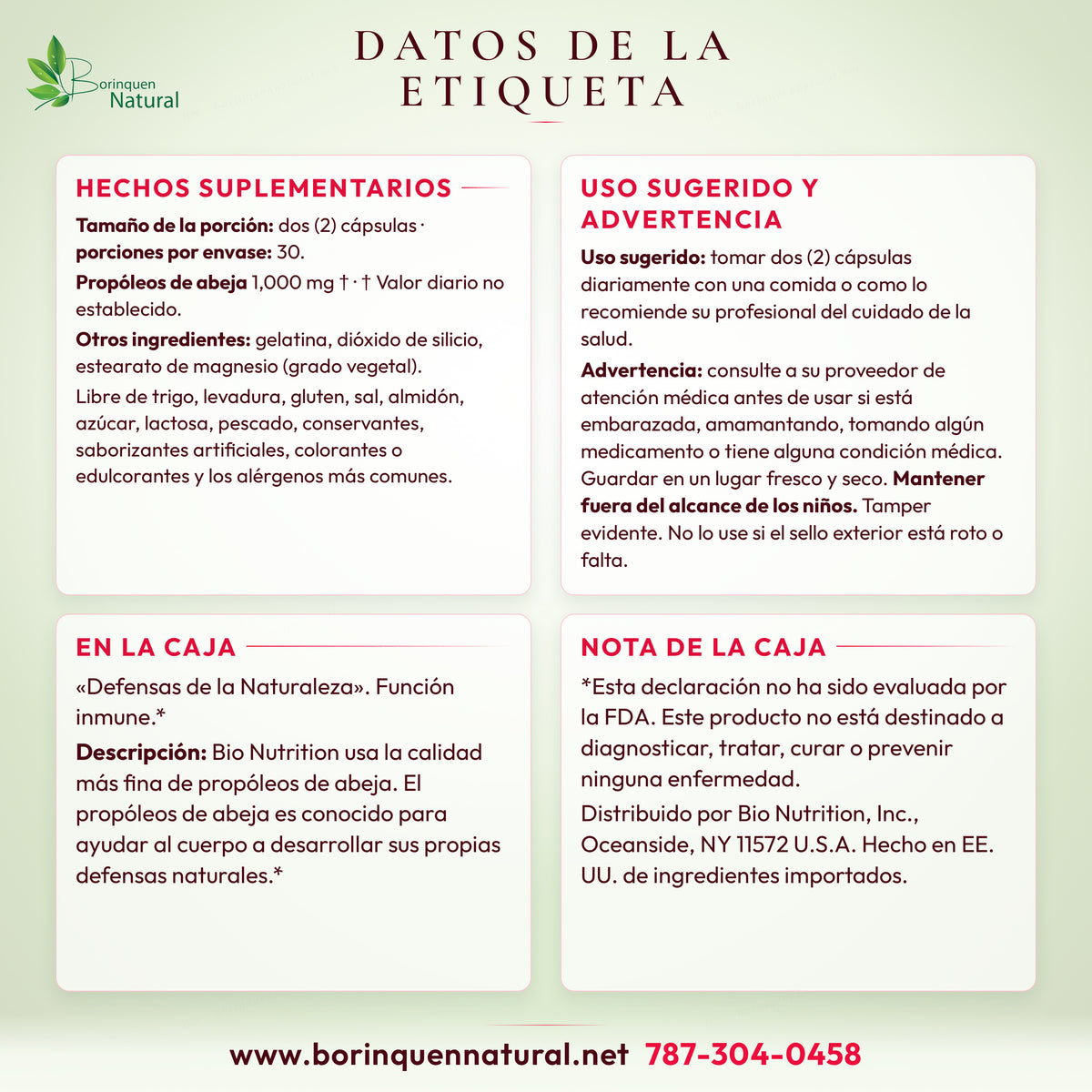 Datos de la etiqueta de los Propóleos de Abeja de Bio Nutrition: hechos suplementarios, otros ingredientes, uso sugerido, advertencias y lo que dice la caja